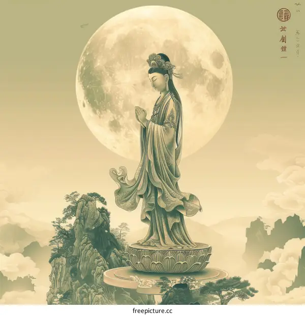 An illustration of a Chinese goddess with a moon behind her
