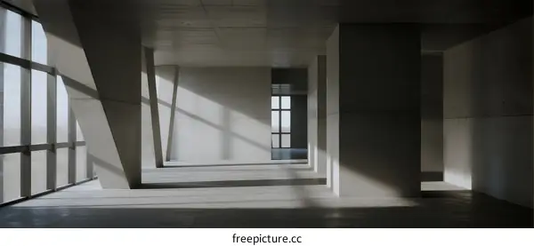 Modern minimalist interior space with large windows and concrete structure