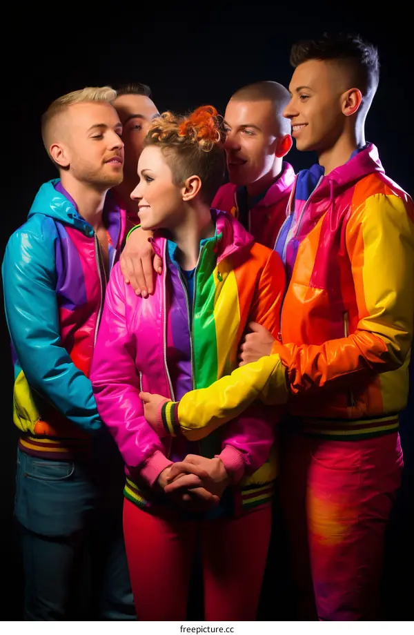 A group of five people wearing colorful jackets