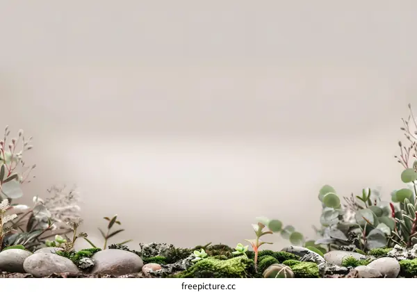 Green Moss and Stones on Beige Background