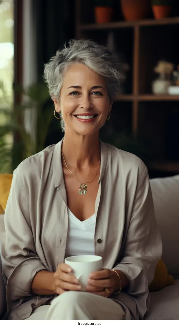 A beautiful middle-aged woman with short gray hair is sitting on a couch and smiling at the camera.