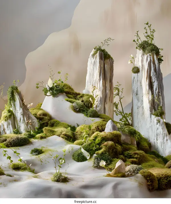 Minimalist Nature Scene with Moss Covered Rocks