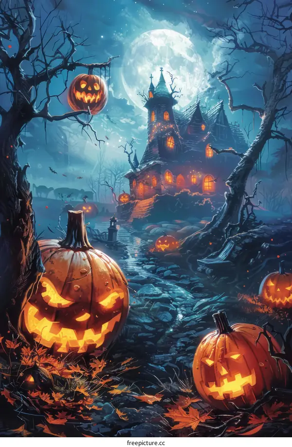 Creepy Haunted House in a Dark Forest Lit by Spooky Jack-o'-Lanterns