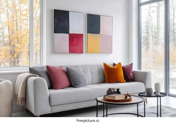 Modern Living Room with Abstract Art and Cozy Decor