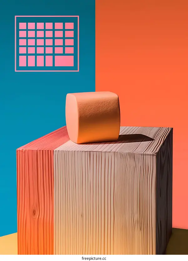 Minimalist Product Photography with Orange Cylindrical Object on Wooden Platform