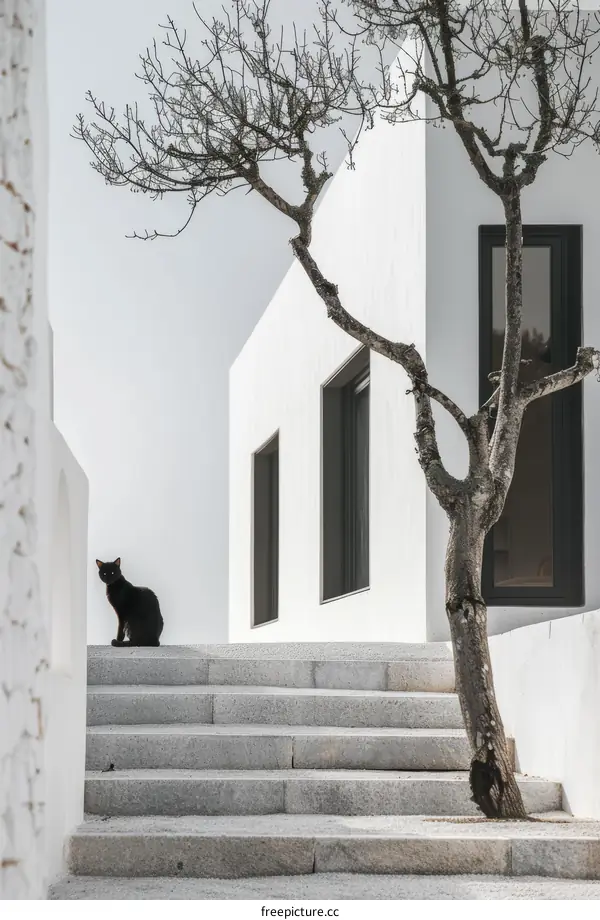 Black Cat on the Stairs of a Modern House