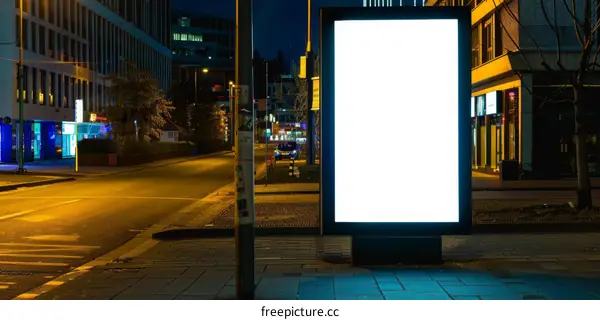 Blank advertising billboard at night in urban city street with blurred lights