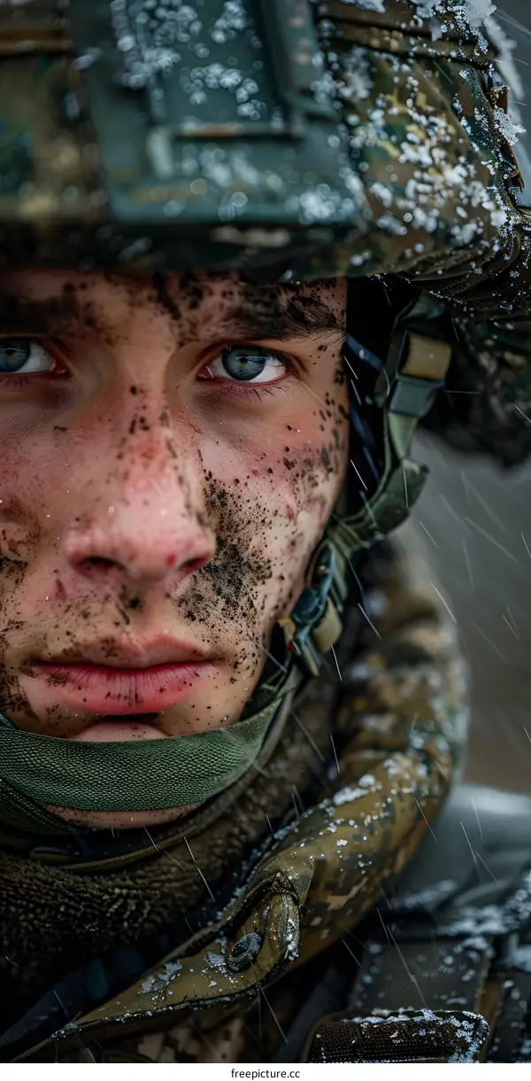 Portrait of a young soldier with blue eyes and a dirty face