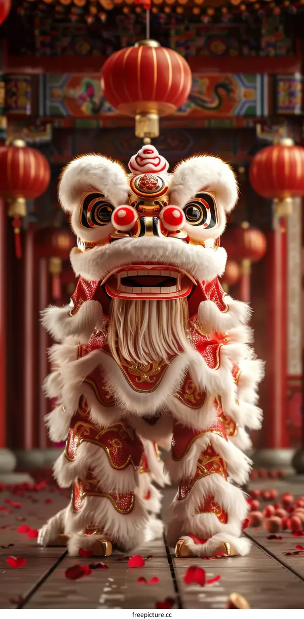 Traditional Chinese Lion Dance in Temple for Lunar New Year