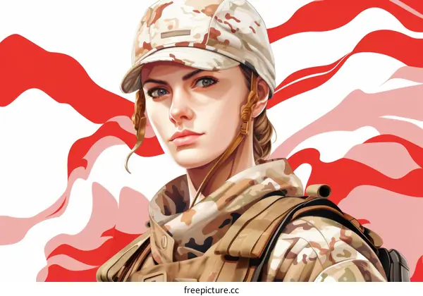 Portrait of a beautiful young female soldier with blonde hair and blue eyes wearing a camouflage cap and uniform with an American flag background