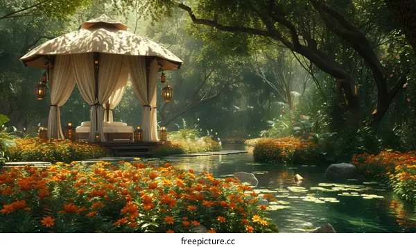secluded garden with a pavilion