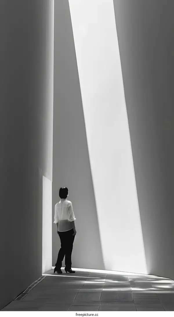 Woman Standing In A Modern Building Looking At Light