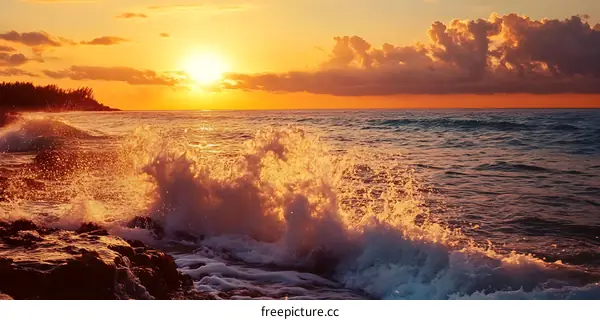 Sunset Ocean Waves Crashing on Rocky Shore