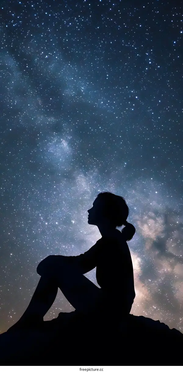 Silhouette of Woman Sitting Under the Milky Way