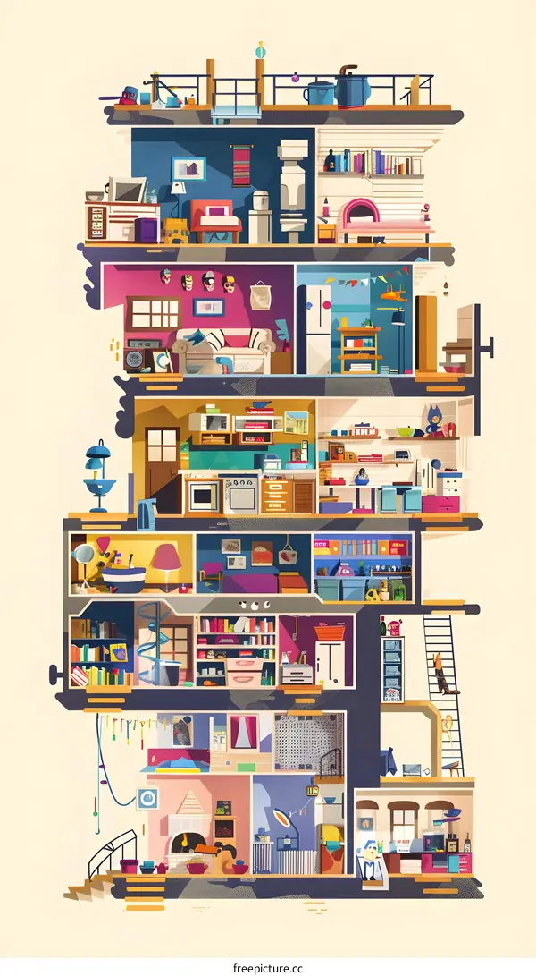 Cross Section Illustration Of Modern Home With Multiple Rooms