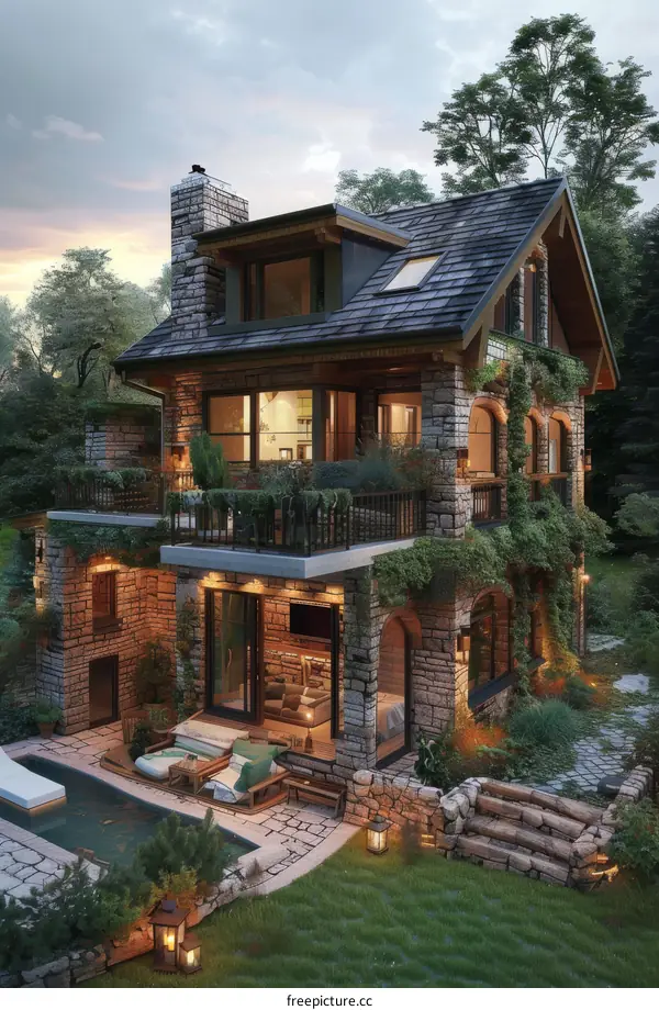 Luxury stone house with pool and backyard