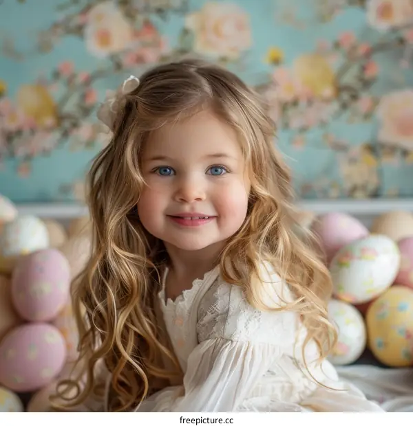 Portrait of a smiling blonde-haired, blue-eyed little girl in a white dress
