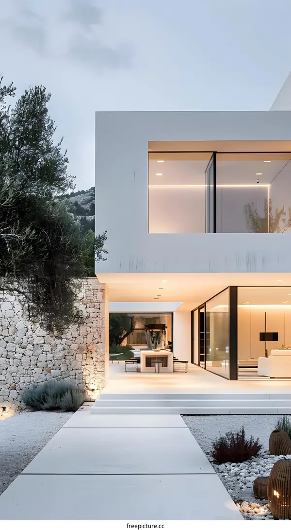 Modern Minimalist Architecture with Stone Wall and Patio