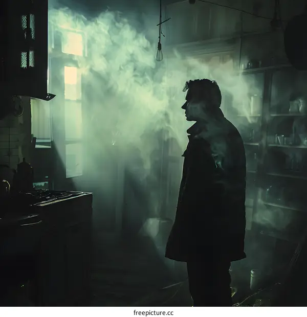 Man Smoking in Dark Kitchen
