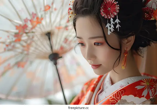 Portrait of a beautiful Japanese woman in traditional kimono