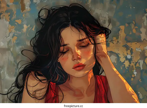 A beautiful woman with long black hair blowing in the wind