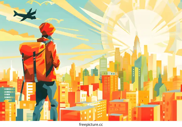 A Man with Backpack Standing in Front of the City