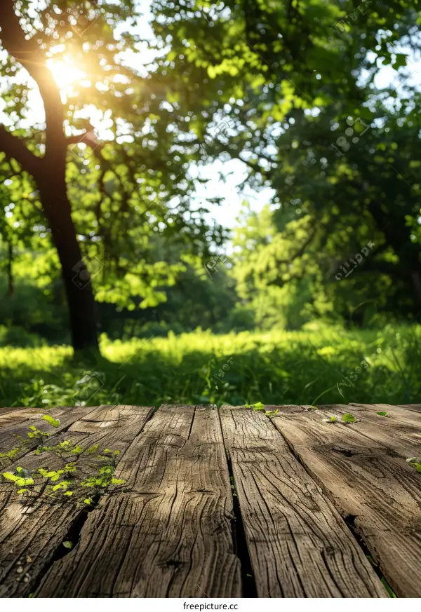 Antique Wooden Table in the Lush Green Forest with Direct Sunlight