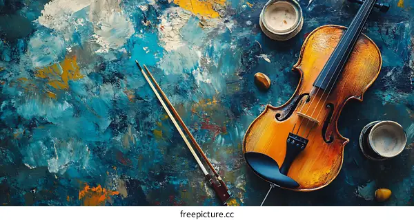 Violin with Bow on Blue Textured Background