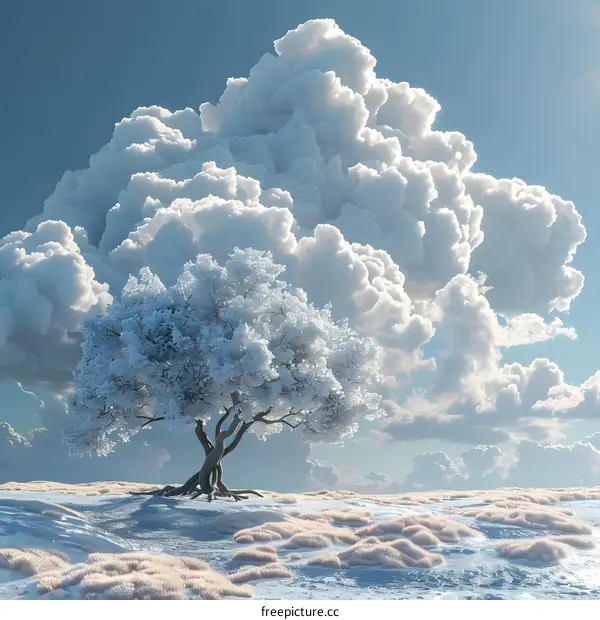 A winter scene with a large snow-covered tree and a cloudy sky