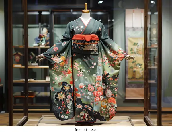 A kimono with a floral pattern displayed in a museum.