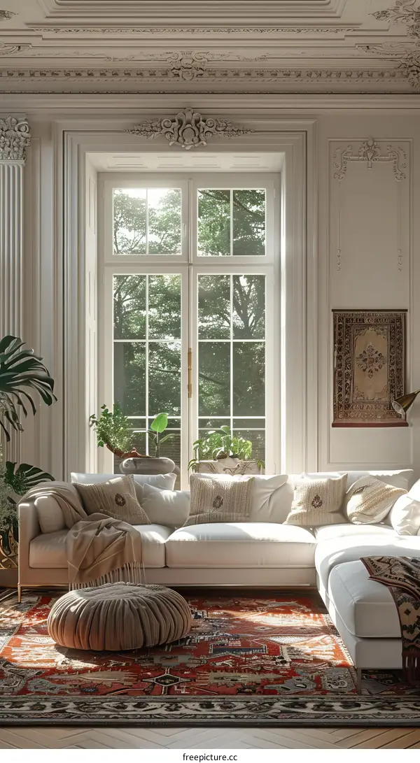 Modern Comfortable Living Room Decor with Sofa, Pillows and Rug