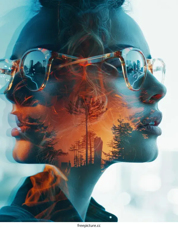 A woman's face with a forest fire inside her head