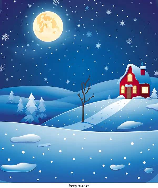 Snowy Night Landscape with House and Full Moon