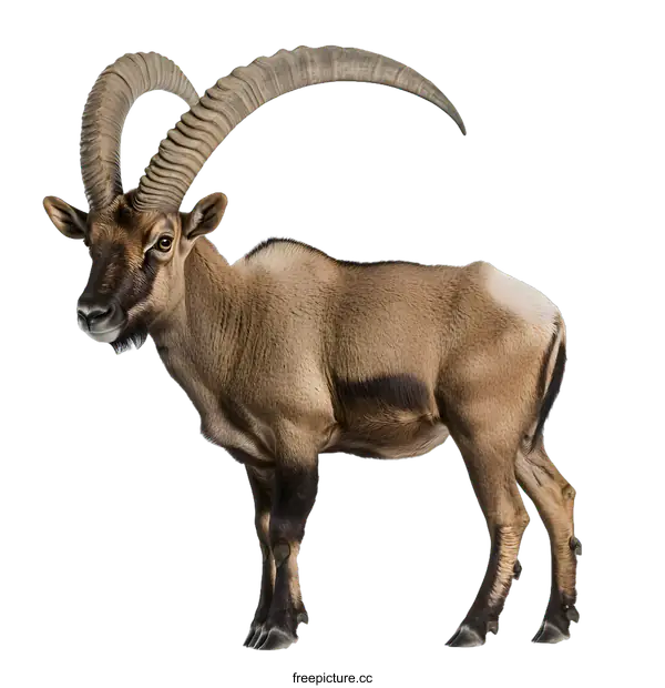 [Transparent Background PNG]Standing Siberian Ibex with Large Curved Horns