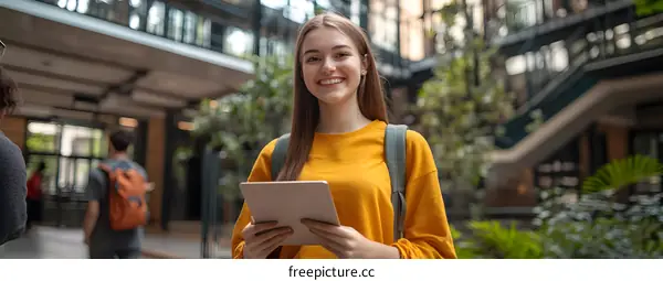 Smiling Student Holding Tablet in Modern Building