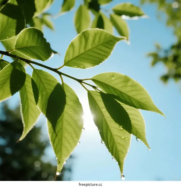 Fresh Green Leaves with Dew Drops Under Clear Blue Sky