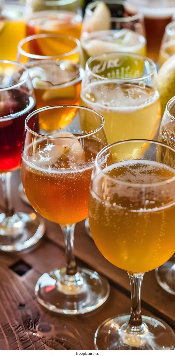 Close Up Of Glasses Of Sparkling Apple Cider On Wooden Table