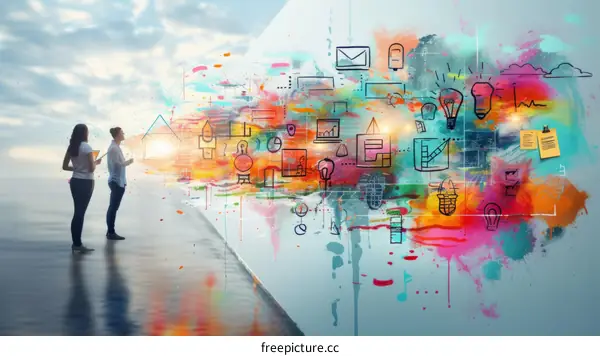 Two businesswomen brainstorming and visualizing their ideas in a creative and colorful environment