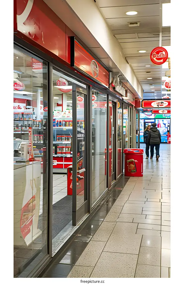 Red Doors in a Retail Arcade