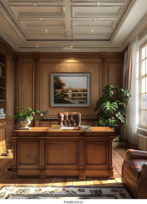 Traditional Wooden Office Interior Design with Leather Chair and Desk