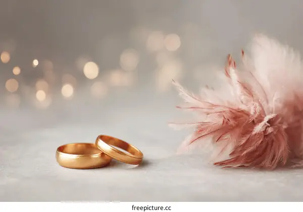 Golden Wedding Rings with Pink Feathers