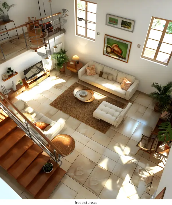 Modern Living Room Interior Design with Wooden Stairs and Sunlight