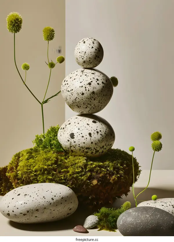 Stack of White and Black Speckled Stones with Moss and Flowers