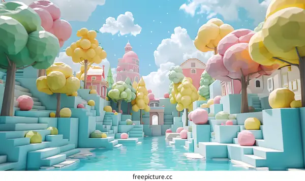 Cartoon City Landscape with Low Poly Trees and Buildings