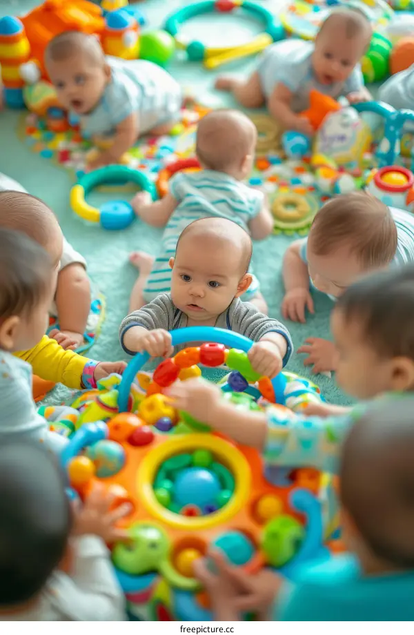 Babies playing with toys on the floor