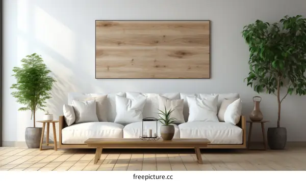 Minimalist White Living Room with Plants and Wood Accents