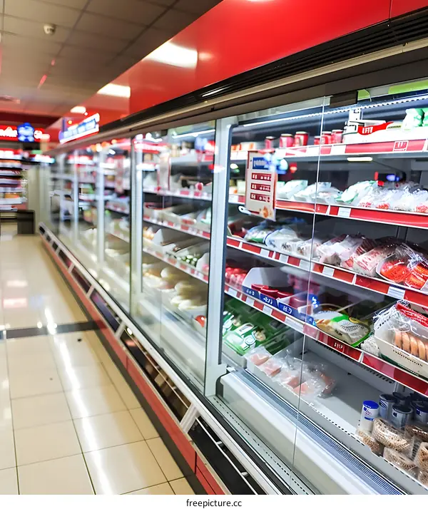 Refrigerated Food Display in Supermarket Aisle