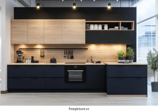 Modern Dark Blue and Light Wood Kitchen Design