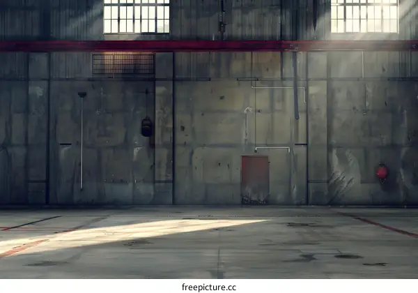 Industrial Concrete Wall With Red Metal Beam And Sunlight