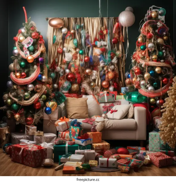 A living room with two decorated Christmas trees and a lot of presents